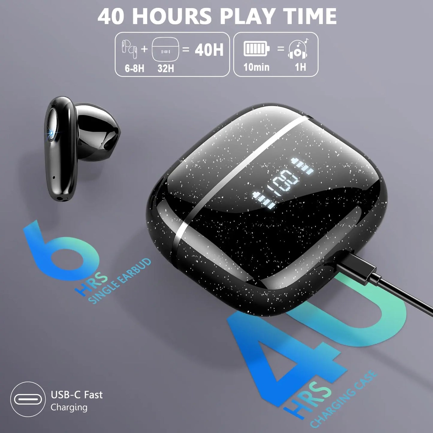 Wireless Earbuds with Bluetooth 5.3, 4 ENC Noise-Canceling Microphones, 40-Hour LED Display Charging Case, and IP7 Waterproof Design