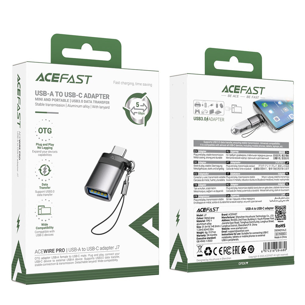 Acefast J7 αντάπτορας OTG USB‑A (θηλυκό) σε USB‑C (αρσενικό), 10Gbps, fast charging, metal gray