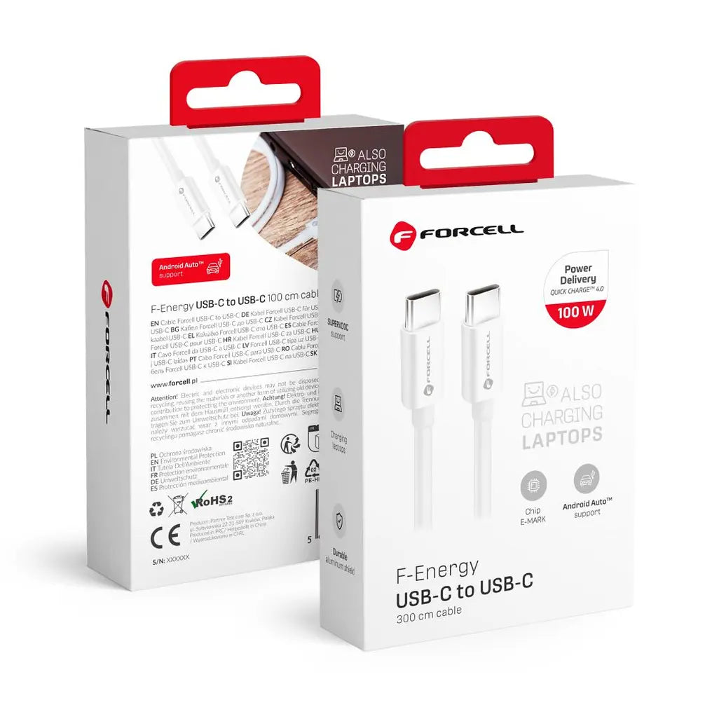 Forcell F-Energy C339 καλώδιο φόρτισης-δεδομένων, Type-C σε Type-C, PD, 100W, QC4.0, 3μ, λευκό