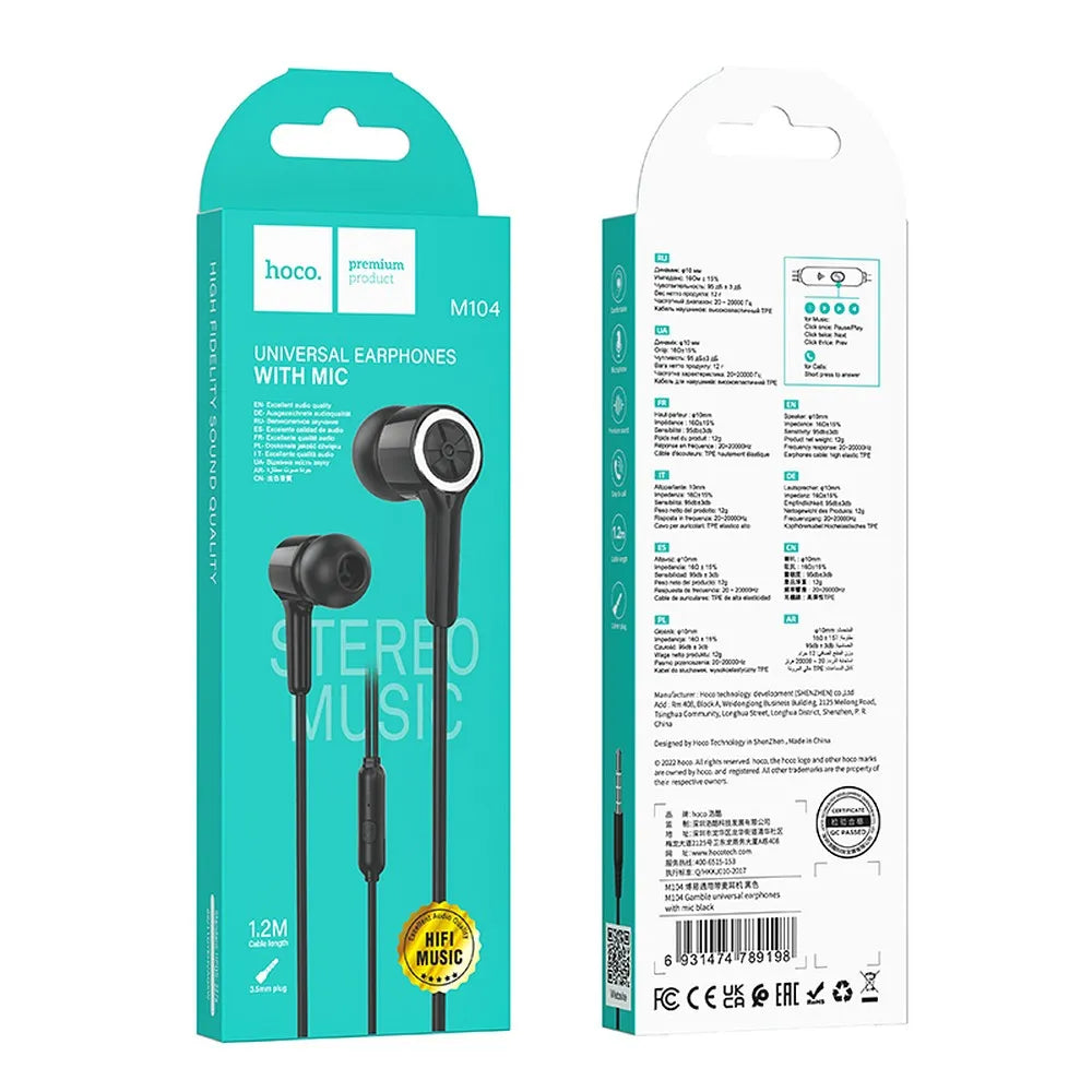 HOCO M104 ενσύρματα ακουστικά Jack 3,5 mm με μικρόφωνο, μαύρο
