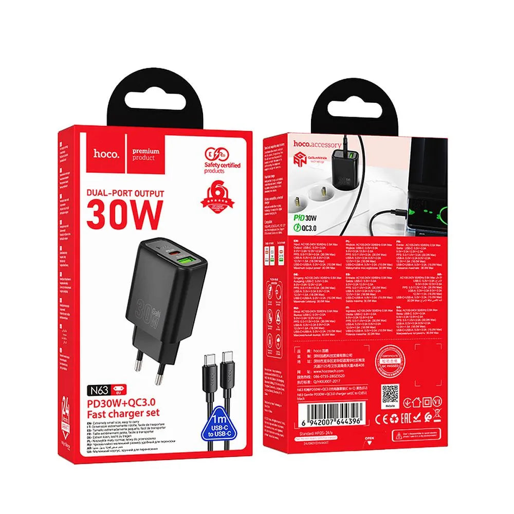 HOCO N63 φορτιστής ταξιδίου USB A + Type C + καλώδιο Type C σε Type C PD QC3.0, 3A, 30W, μαύρο