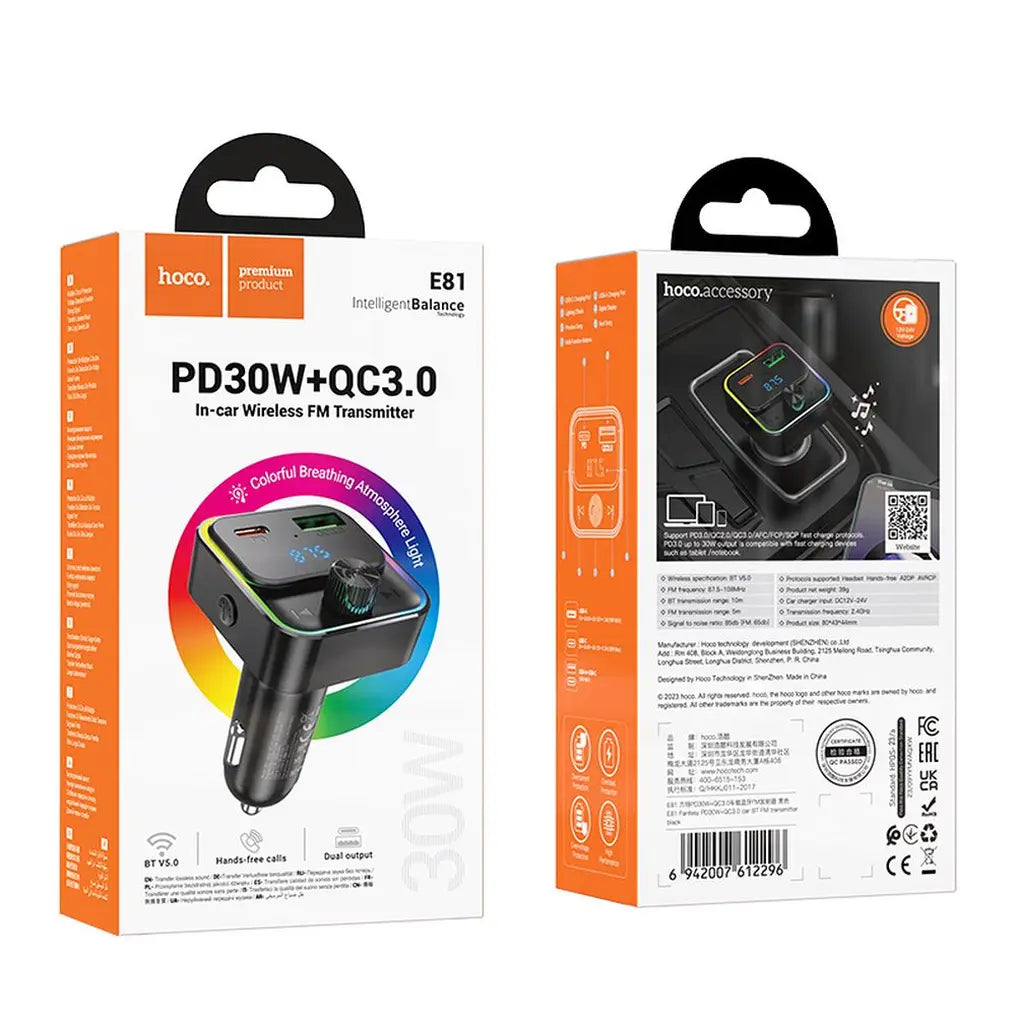 Hoco E81 Bravery FM Transmitter, φορτιστής 30W, PD, QC3.0, bluetooth, μαύρο