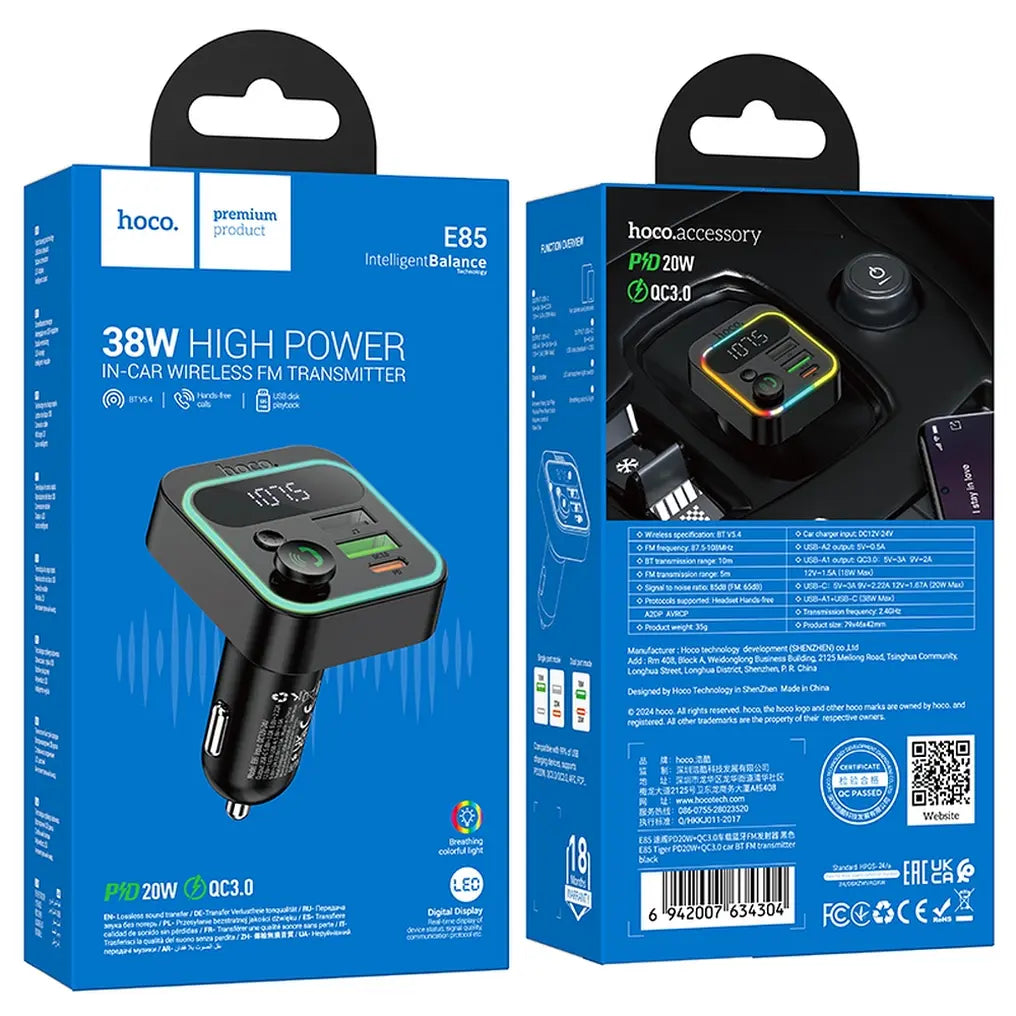 Hoco E85 FM transmitter, φορτιστής 20W, QC3.0, 2x USB A + 1x Type C, bluetooth, μαύρο