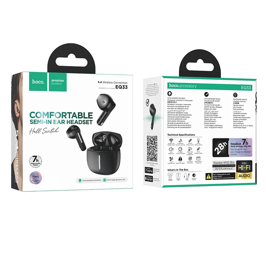 Hoco EQ33 ασύρματα ακουστικά, TWS, bluetooth 5.4, μαύρο