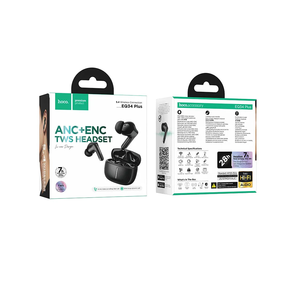 Hoco EQ34 Plus ασύρματα ακουστικά TWS, Bluetooth 5.4, ANC + ENC, μαύρο