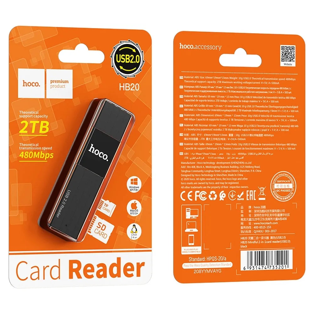Hoco HB20 card reader 2 σε 1, USB-A 2.0, μαύρο