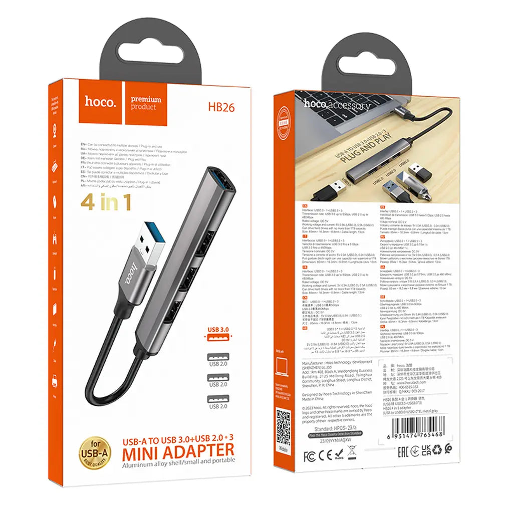 Hoco HB26 USB hub 4σε1 USB-A σε 1x USB 3.0 & 3x USB 2.0, γκρι