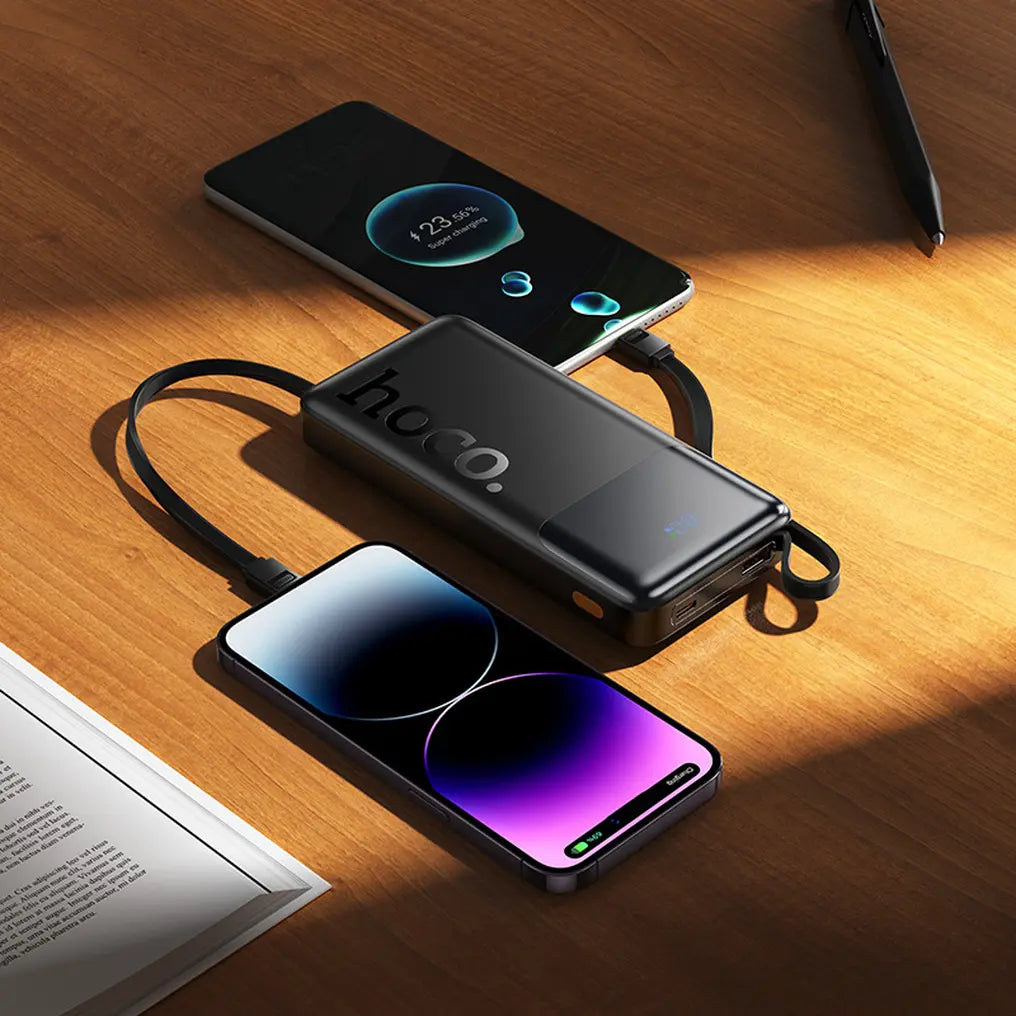 Hoco J156 "Founder" powerbank 10.000mAh, 4 ενσωματωμένα καλώδια (USB-A, USB-C, Lightning, Micro-USB), PD20W/22,5W, LED οθόνη, μαύρο