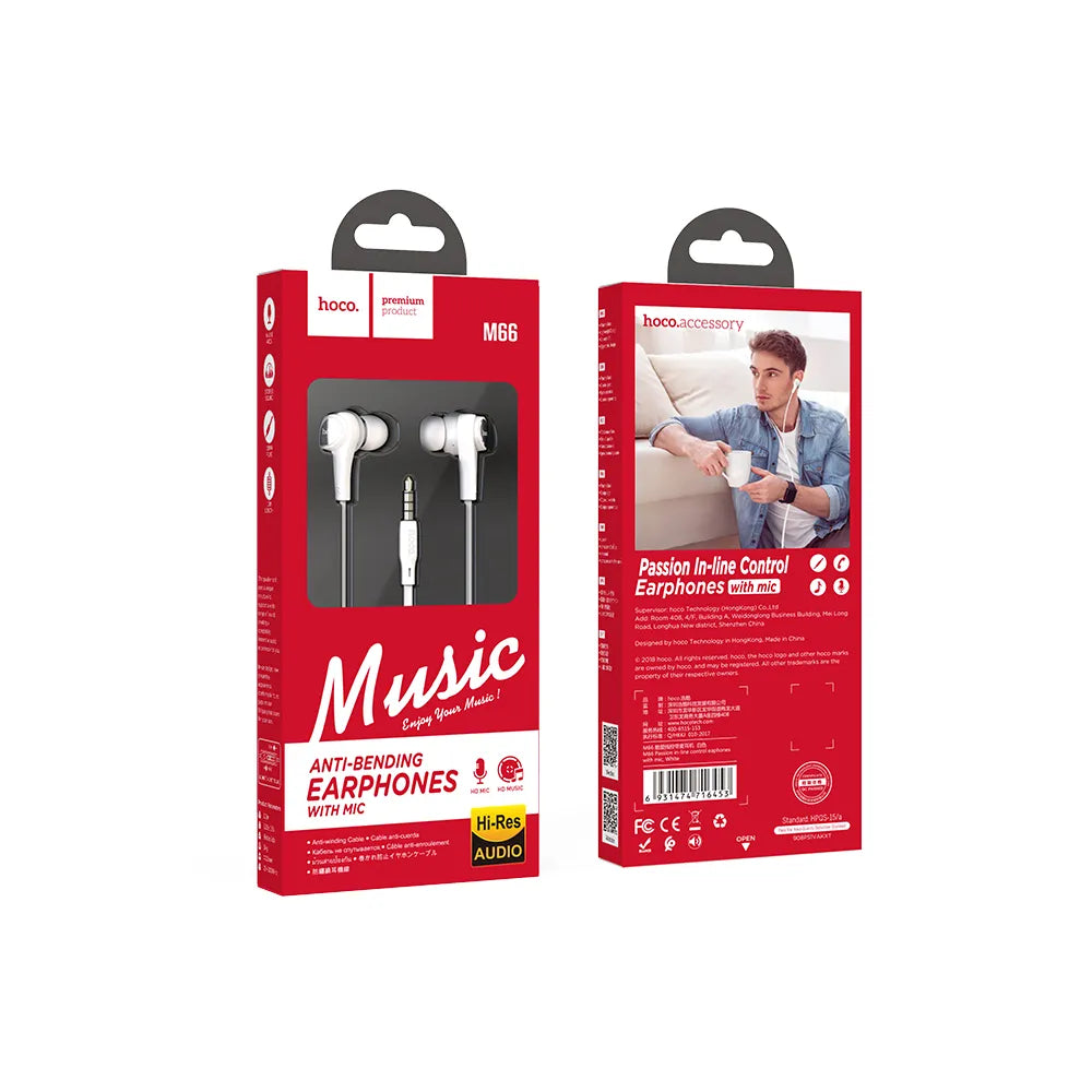 Hoco M66 ενσύρματα ακουστικά με μικρόφωνο, jack 3.5mm, άσπρα