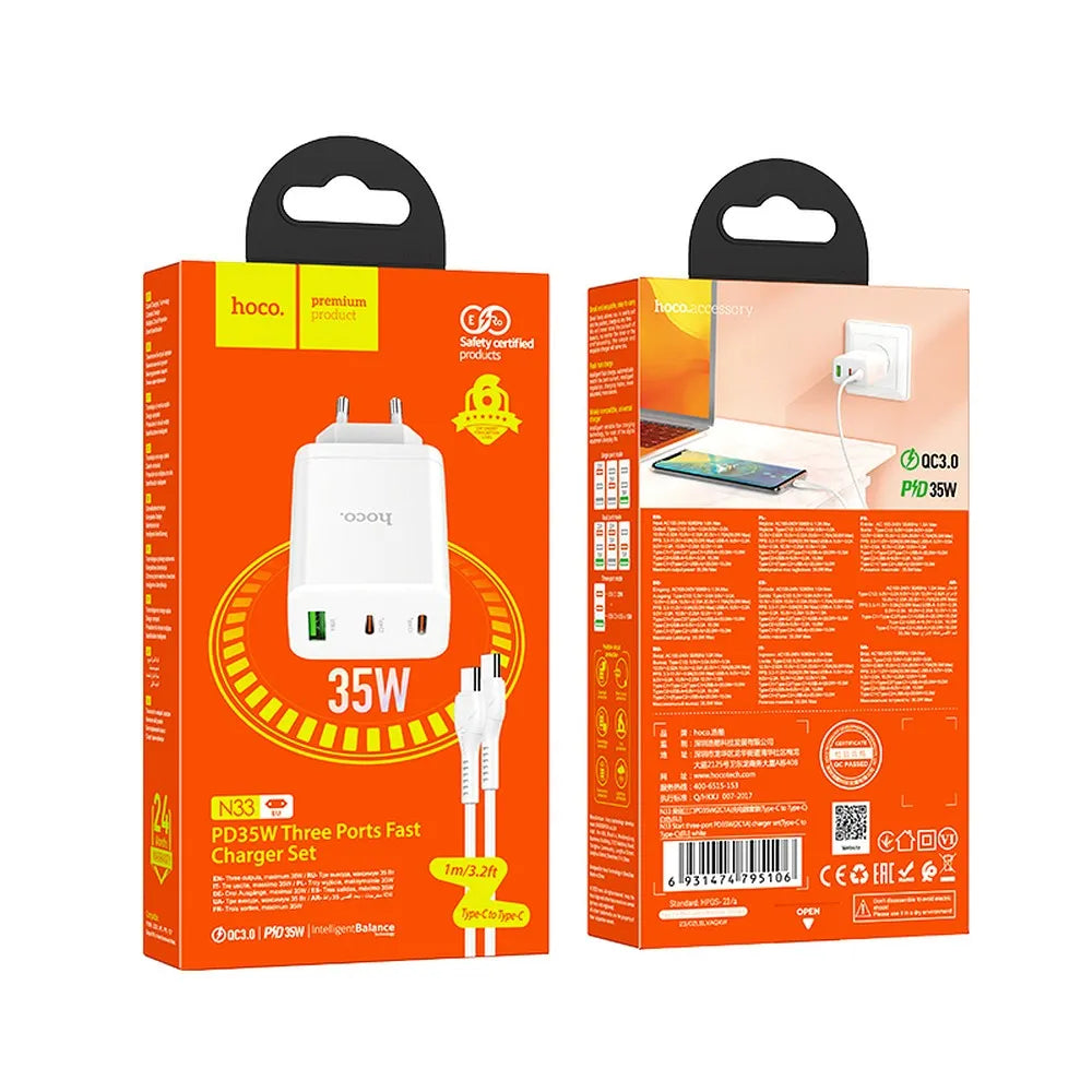 Hoco N33 φορτιστής τοίχου, PD, 35W, 2x Type-C & USB-A, με καλώδιο Type-C, λευκό