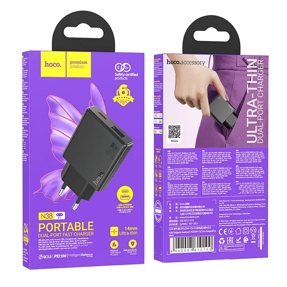 Hoco N38 φορτιστής ταξιδιού, 20W, slim, 1xUSB-A, 1xUSB-C, PD, QC3.0, 3A, μαύρο