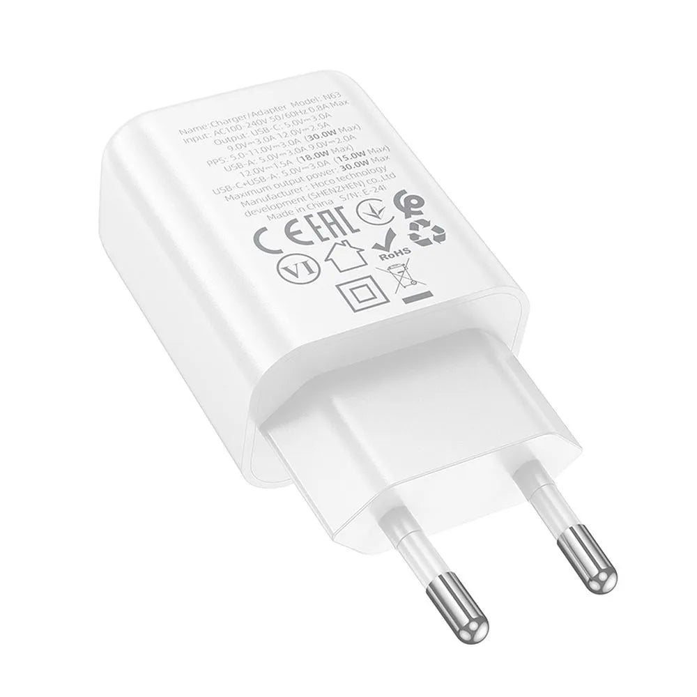 Hoco N63 φορτιστής τοίχου 30W, PD, QC3.0, USB-A & Type-C, λευκό