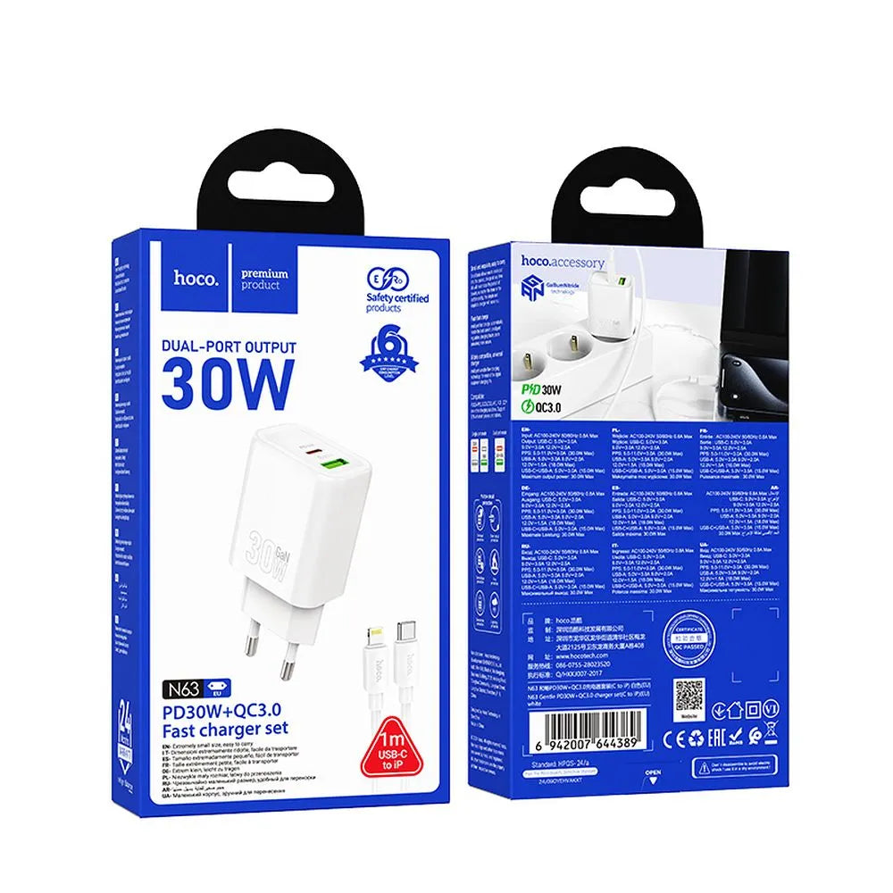 Hoco N63 φορτιστής τοίχου, PD, 30W, USB-A & Type-C, με καλώδιο Type-C σε Lightning, λευκό
