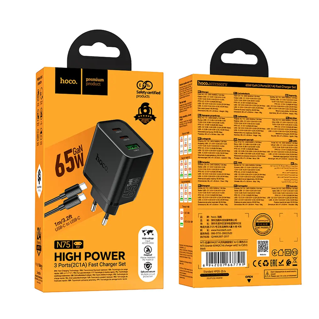 Hoco N75 φορτιστής τοίχου 2x Type-C + USB-A, PD, 65W, QC3.0, καλώδιο Type-C σε Type-C, μαύρο