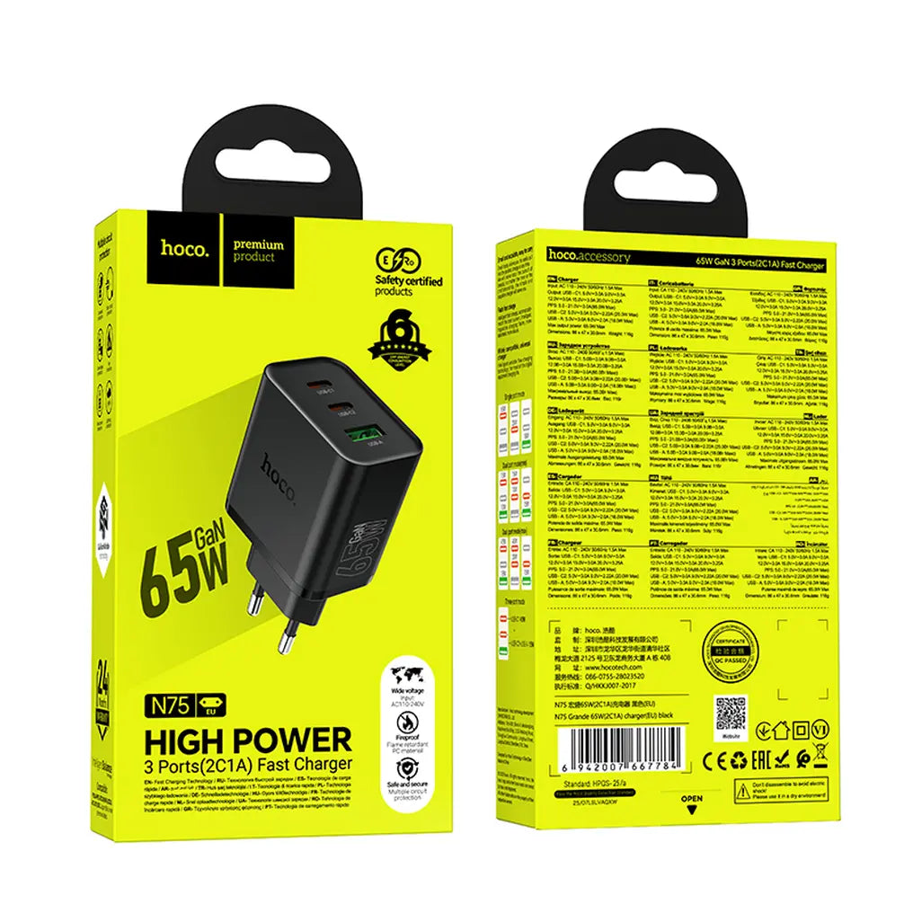 Hoco N75 φορτιστής τοίχου, 2x Type-C + USB-A, PD, 65W, QC3.0, μαύρο
