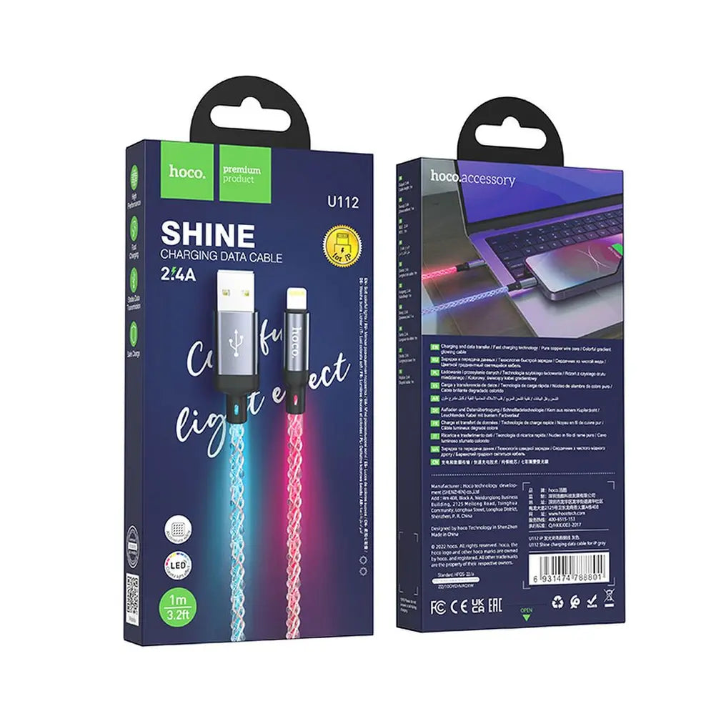 Hoco U112 καλώδιο φόρτισης - δεδομένων USB-A σε Lightning, LED, 2.4A, 1μ, γκρι