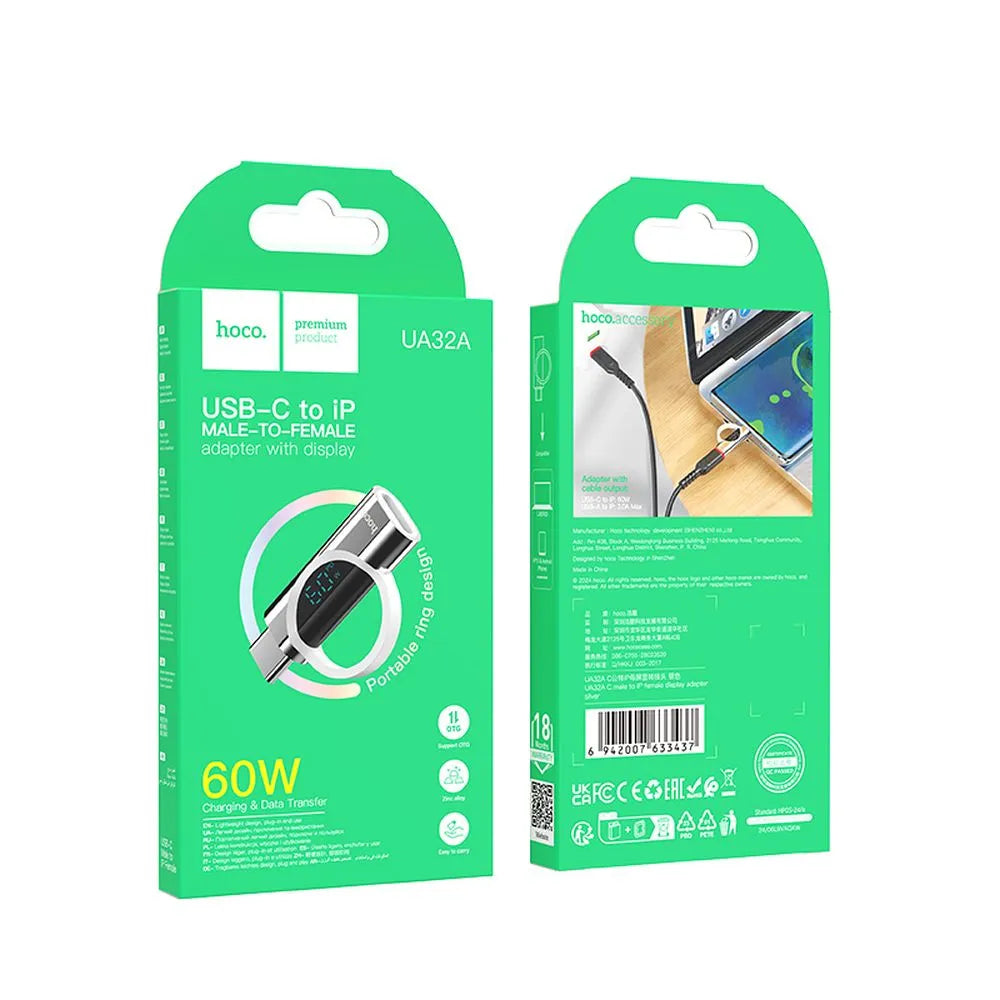 Hoco UA32A αντάπτορας από Lighting (female) σε USB-C (male) με οθόνη, 3A, 60W, ασημί