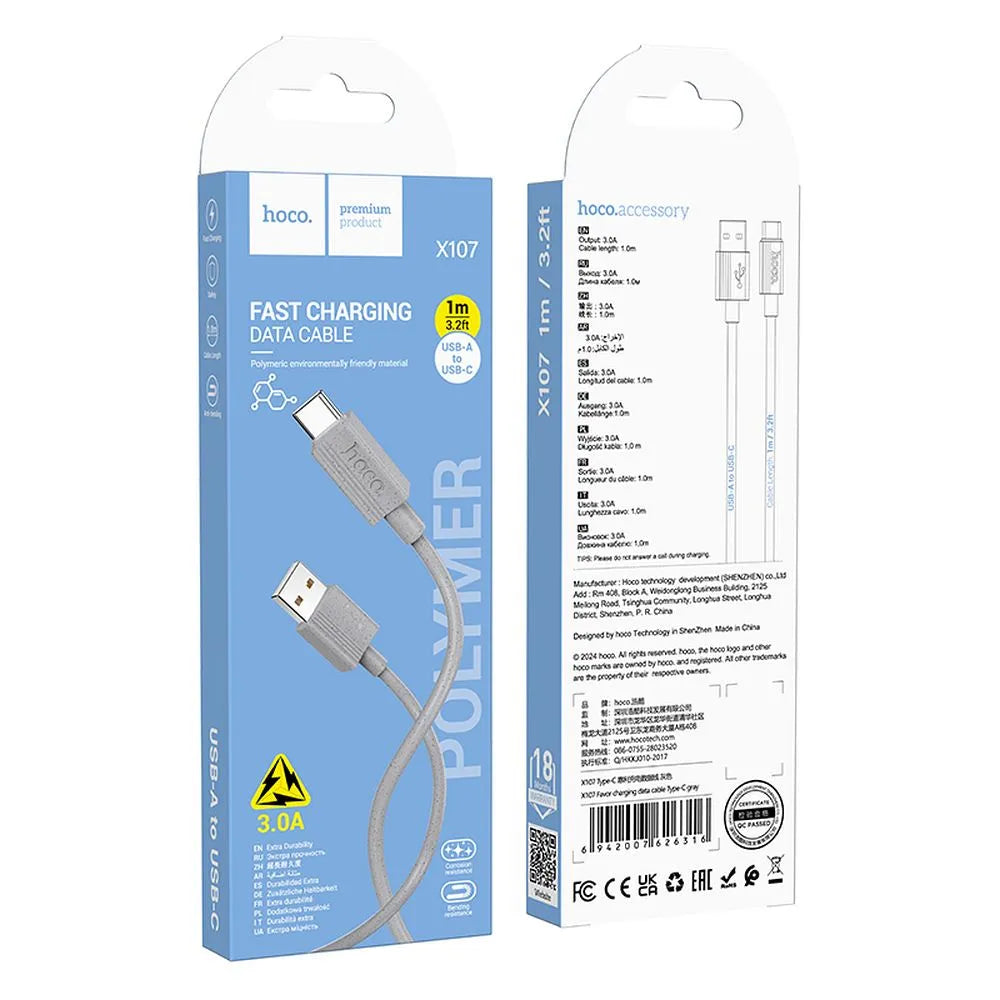 Hoco X107 καλώδιο φόρτισης - δεδομένων USB-A σε USB-C, 3A, 1μ., γκρι