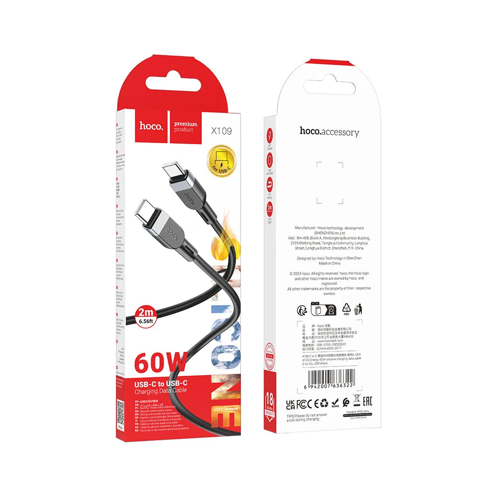 Hoco X109 καλώδιο φόρτισης - δεδομένων, USB-C σε USB-C ,60W PD, 2μ, μαύρο