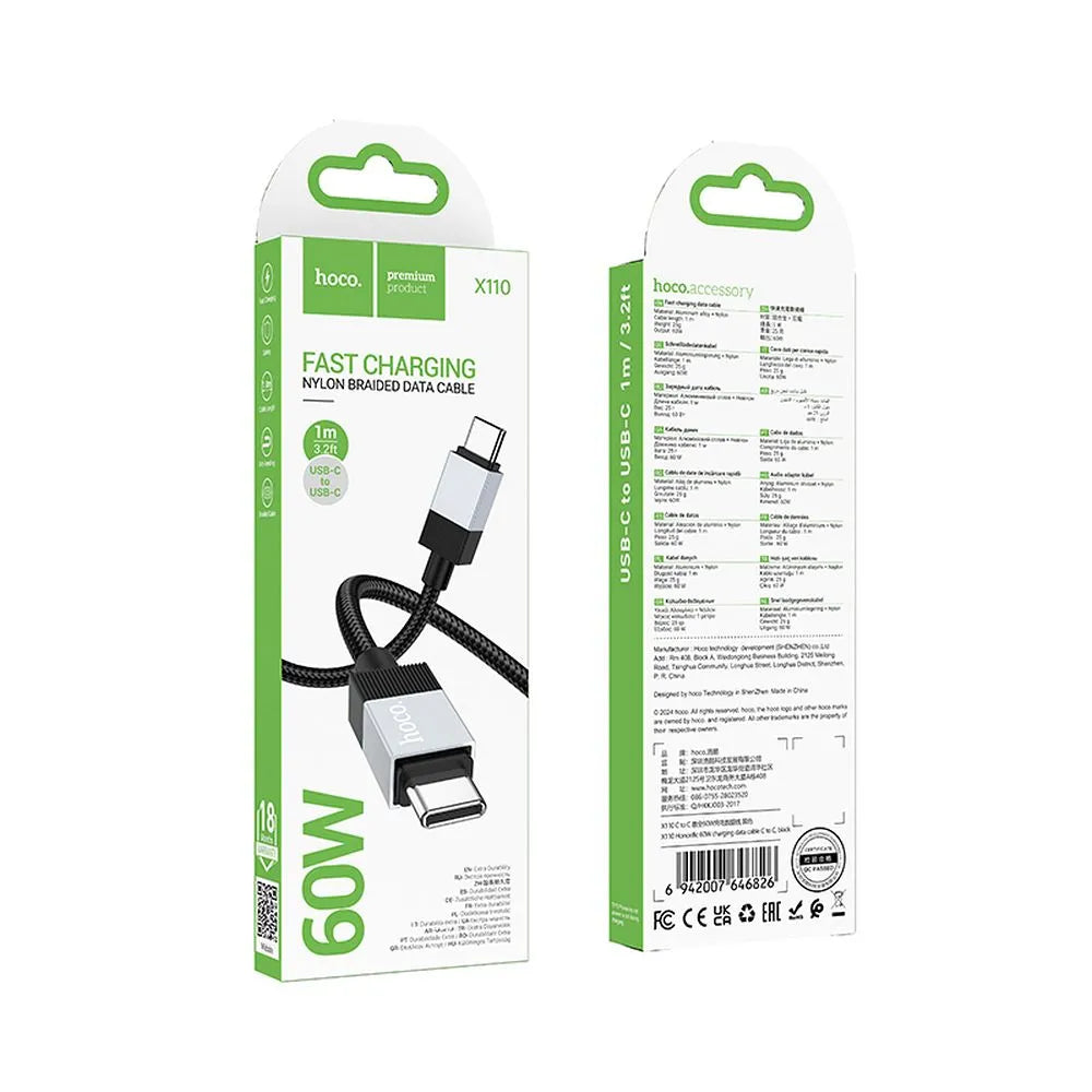 Hoco X110 καλώδιο ταχείας φόρτισης - δεδομένων USB‑C to USB‑C, 3A, 60W, 1μ, μαύρο