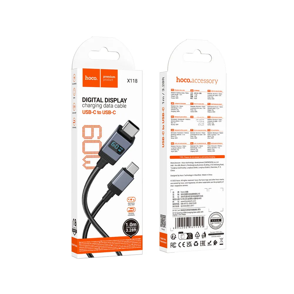 Hoco X118 καλώδιο φόρτισης - δεδομένων, USB-C σε USB-C, 60W, με οθόνη, 1μ., μαύρο