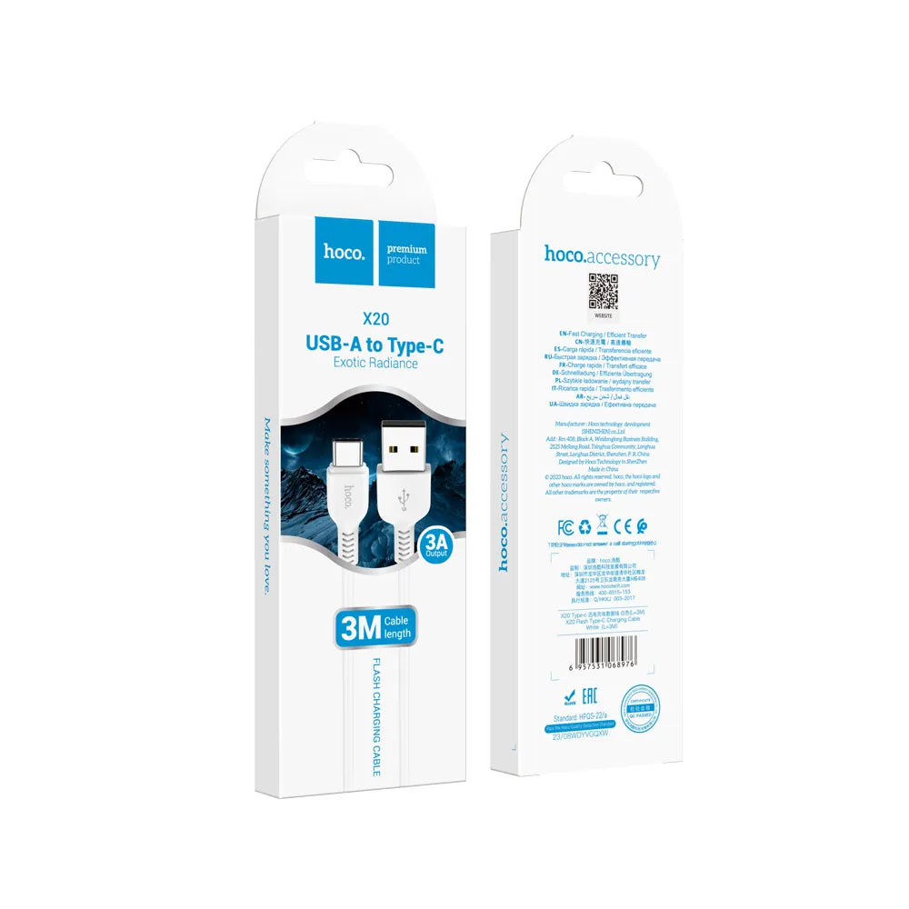 Hoco X20 καλώδιο φόρτισης - δεδομένων USB-A σε Type-C, 2.4A, 3μ., λευκό