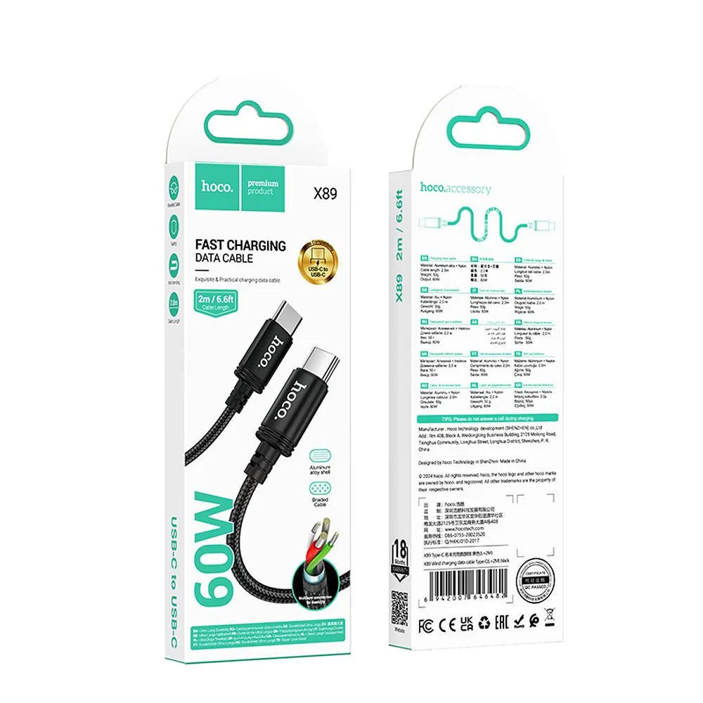 Hoco X89 Wind καλώδιο φόρτισης - δεδομένων, USB-C σε USB-C, 3A, 60W 2μ., μαύρο