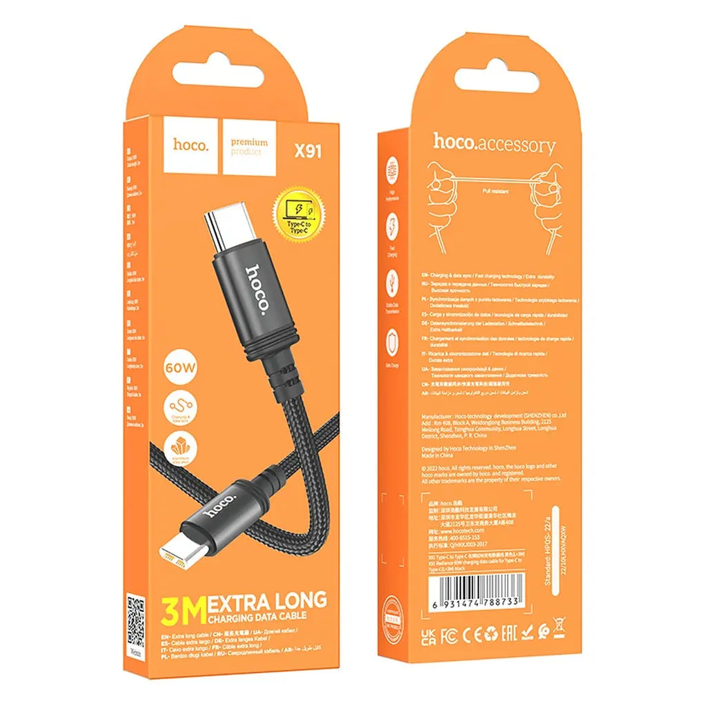 Hoco X91 καλώδιο φόρτισης - δεδομένων, Type-C σε Type-C, PD, 60W, 3μ., μαύρο