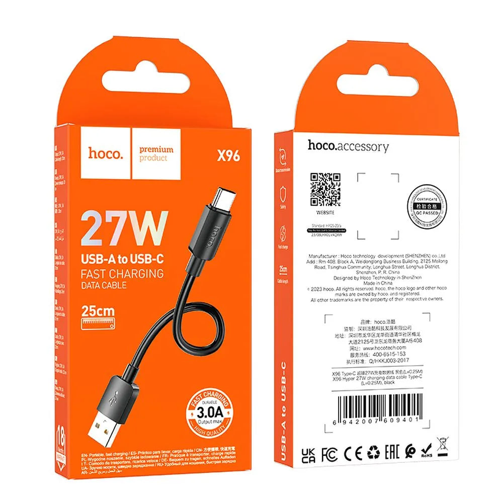 Hoco X96 καλώδιο δεδομένων - φόρτισης 2,4Α 27W, USB-A σε USB Type C, PD, 0,25μ, μαύρο