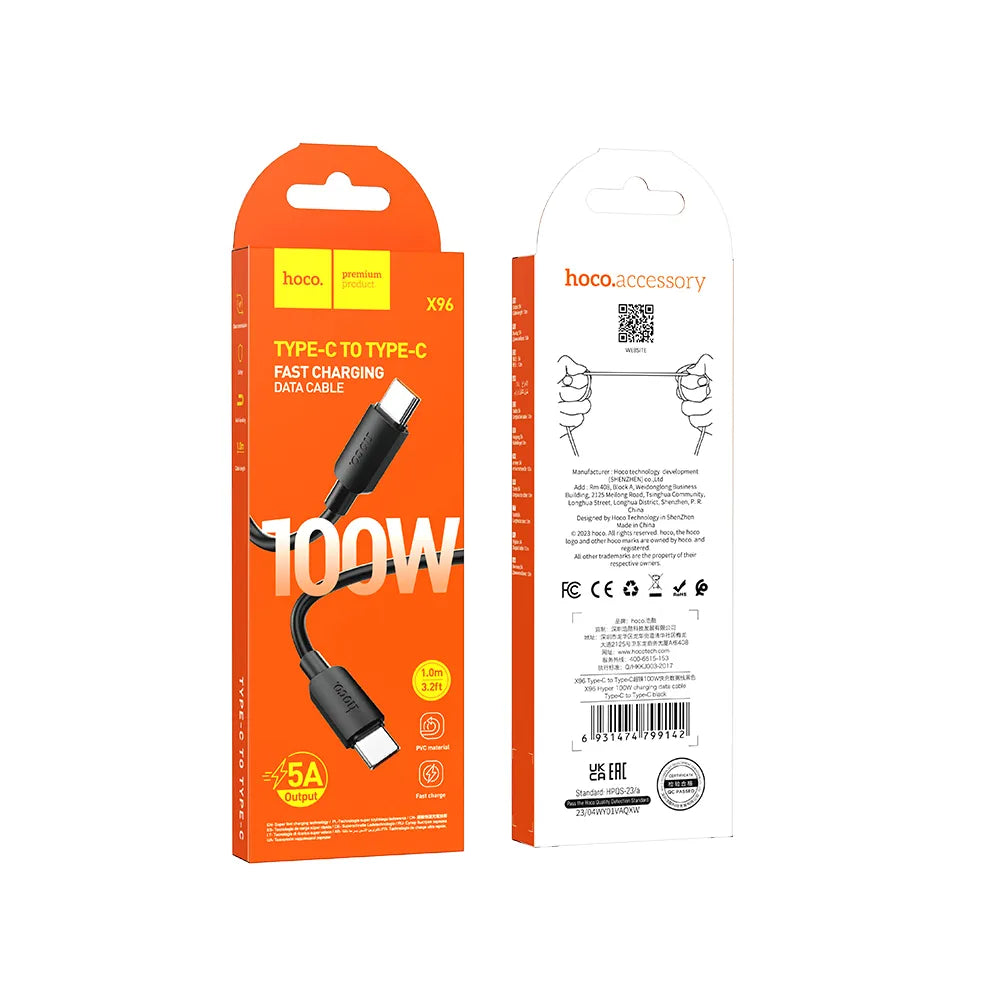 Hoco X96 καλώδιο φόρτισης - δεδομένων, Type C σε Type C, 100W, PD, 6A, 1μ, μαύρο