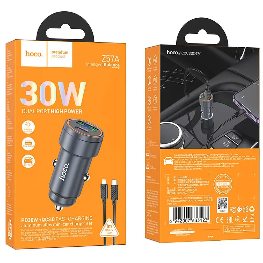 Hoco Z57A φορτιστής αυτοκινήτου, PD, 30W, USB-A & Type-C, με καλώδιο Type-C σε Lightning, μαύρο