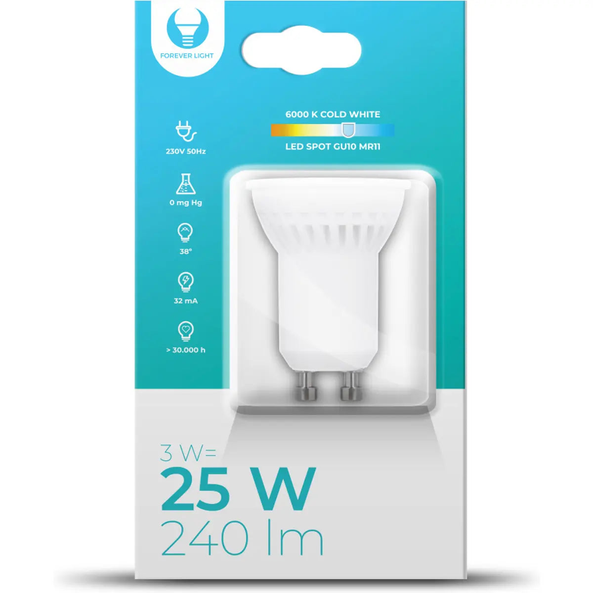 LED λαμπτήρας MR11, GU10, 3W, 230V, 6000K, 240lm, κεραμικός