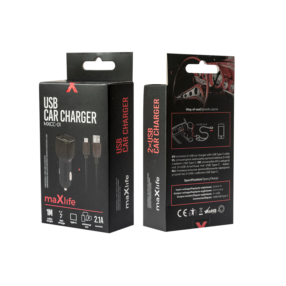 Maxlife MXCC-01 Φορτιστής Αυτοκινήτου 1x USB 2.1A με καλώδιο USB-C μαύρο