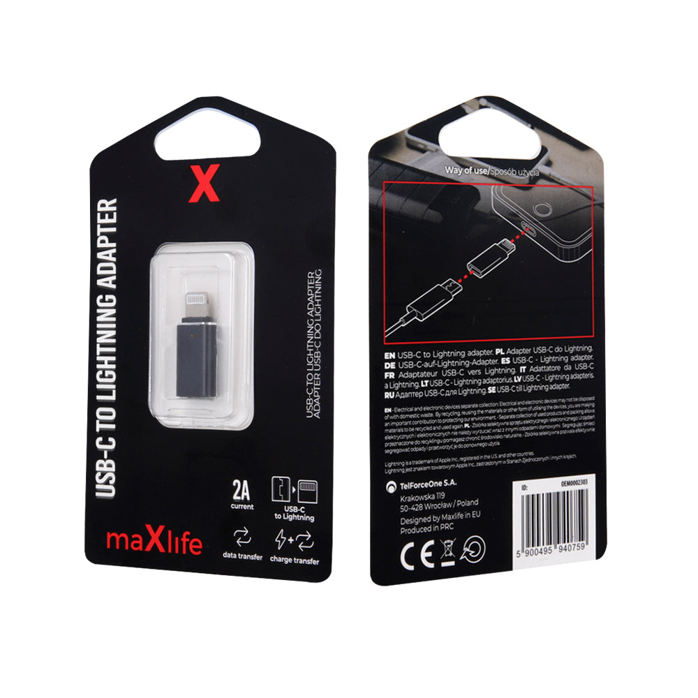 Maxlife OEM0002303 αντάπτορας USB‑C (θηλυκό) σε Lightning (αρσενικό), φόρτισης & δεδομένων, μαύρο