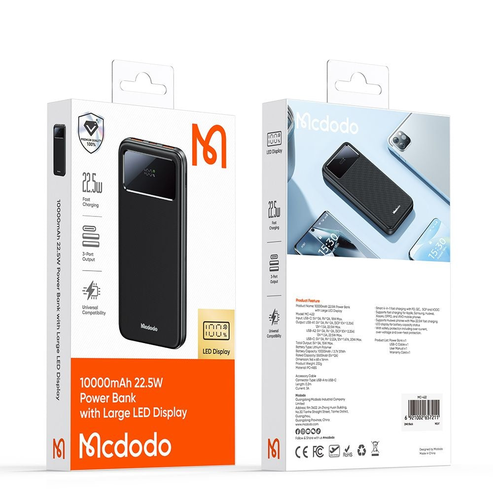 Mcdodo MC-4220 Power Bank, 10000mAh, 22.5W, LED οθόνη, μαύρο