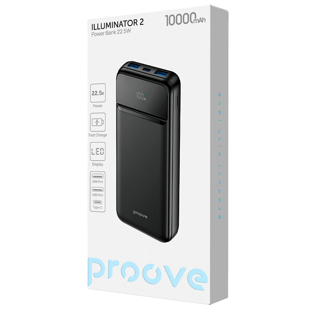 Proove Illuminator 2 (PBIP10212201) Power Bank, 10000mAh, 22.5W, Type-C, 2x USB, LED oθόνη, μαύρο