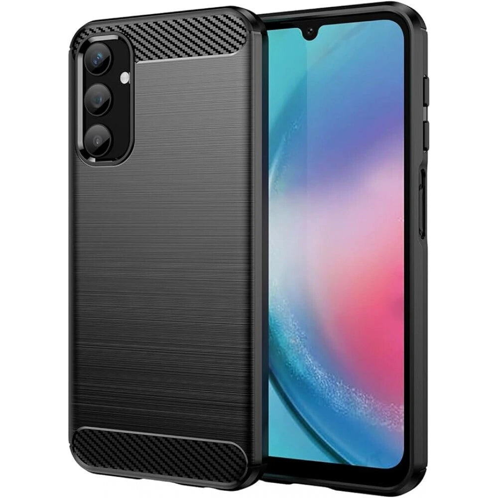 A Samsung Galaxy A17 fitted with the TechWave Carbon case in black is shown. The smartphone display is on, featuring a colorful gradient screen, while the back showcases three vertically aligned camera lenses in the corner.