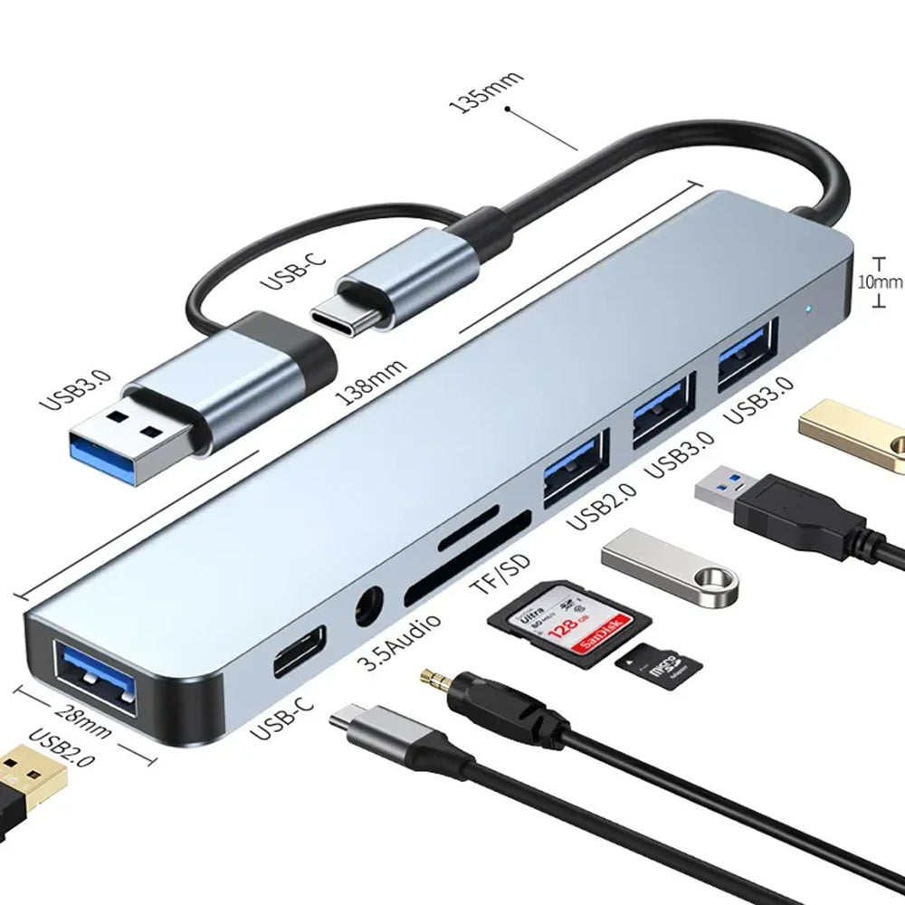Techsuit DataBridge 8 in 1 (H9) Docking Station USB, Type-C σε 4x USB, Type-C, 3.5mm Jack, TF/SD Card, γκρι