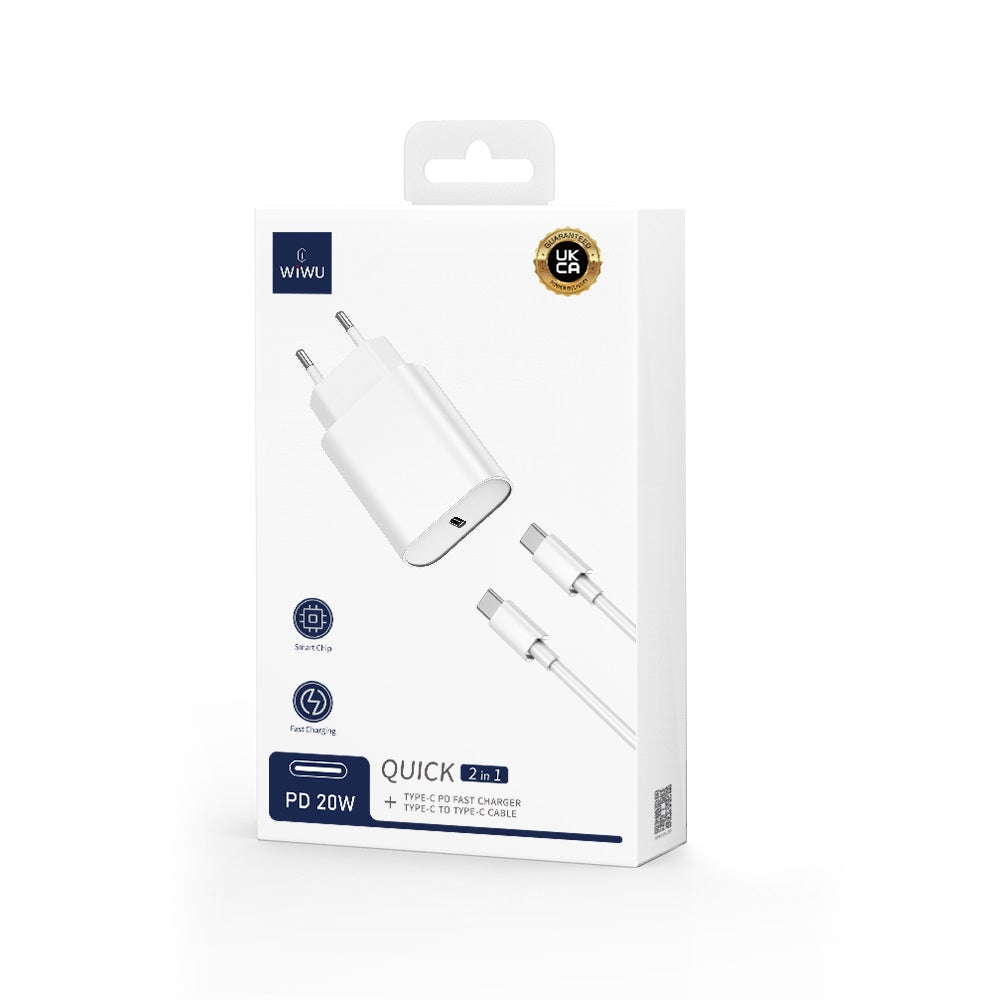 WIWU Wi-U001 φορτιστής ταξιδιού PD 20W USB-C με καλώδιο USB-C - USB-C, λευκό
