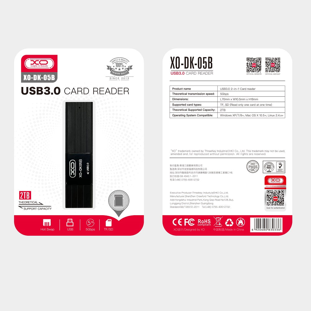 XO DK05B card reader 2 σε 1, USB 3.0, μαύρο