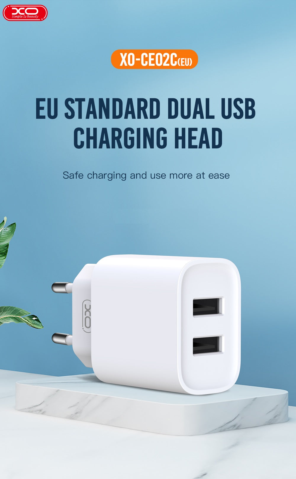 XO CE02C φορτιστής τοίχου 2.1Α 2xUSB, λευκό