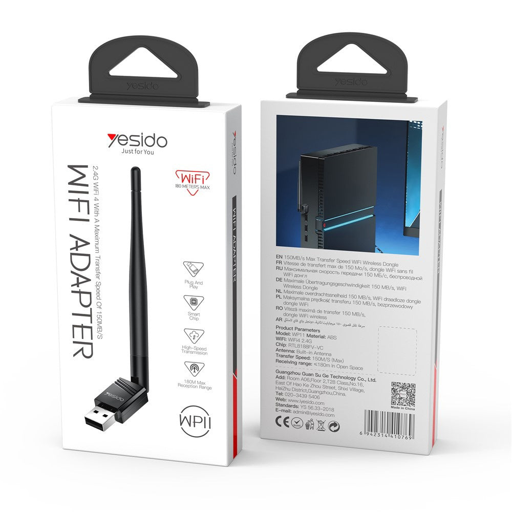 Yesido WP11 USB Wi‑Fi Adapter, WiFi4, 150Mbps, με εξωτερική κεραία, Plug & Play, μαύρο
