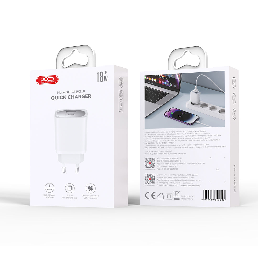 XO CE19 Φορτιστής τοίχου QC 18W 1x USB λευκό