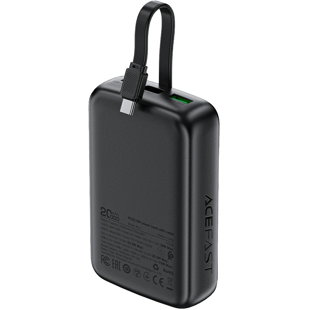 Acefast M14-20000 Power Bank, 20000mAh, PD 22.5W, με ενσωματωμένο καλώδιο USB‑C, LED display, μαύρο