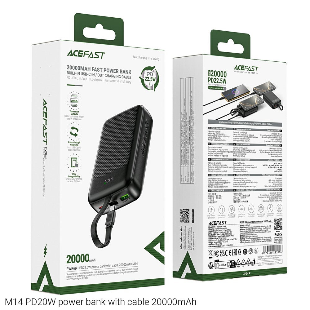 Acefast M14-20000 Power Bank, 20000mAh, PD 22.5W, με ενσωματωμένο καλώδιο USB‑C, LED display, μαύρο