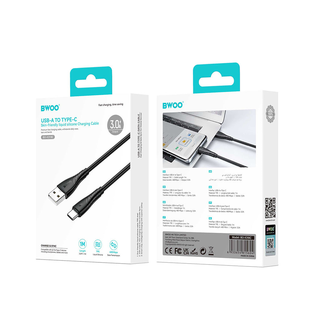 BWOO BO-X318C καλώδιο φόρτισης - δεδομένων USB-Α σε USB-C, 1μ, 27W, 3A, μαύρο