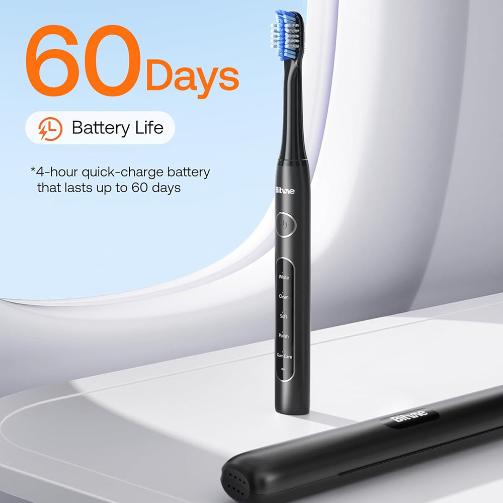 Bitvae Daily D2 Ultrasonic ηλεκτρική οδοντόβουρτσα με 8 κεφαλές, θήκη, χρονόμετρο, 5 λειτουργίες, W-shape τρίχες, μαύρο