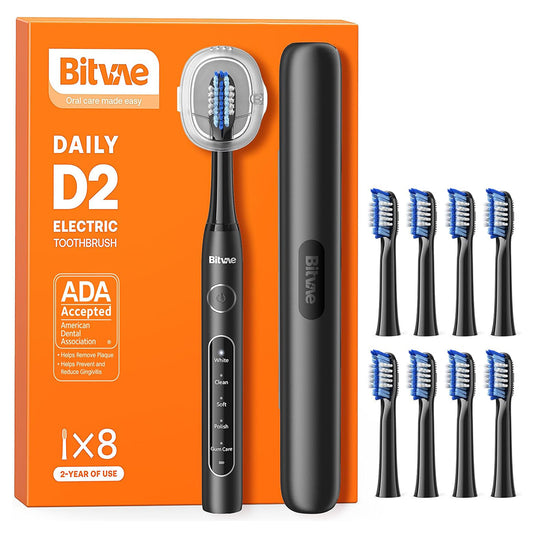 Bitvae Daily D2 Ultrasonic ηλεκτρική οδοντόβουρτσα με 8 κεφαλές, θήκη, χρονόμετρο, 5 λειτουργίες, W-shape τρίχες, μαύρο