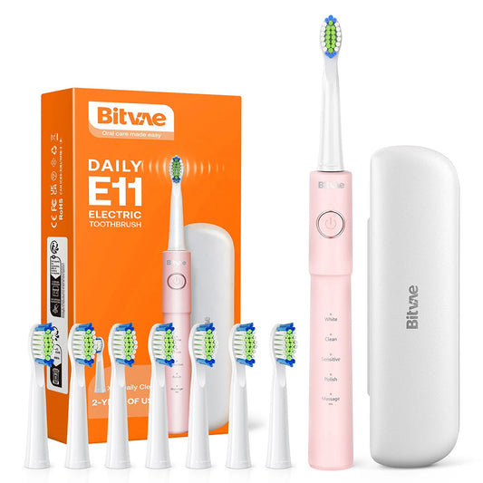 Bitvae E11 Ultrasonic ηλεκτρική οδοντόβουρτσα με 8 κεφαλές, θήκη ταξιδιού, 5 λειτουργίες, ροζ