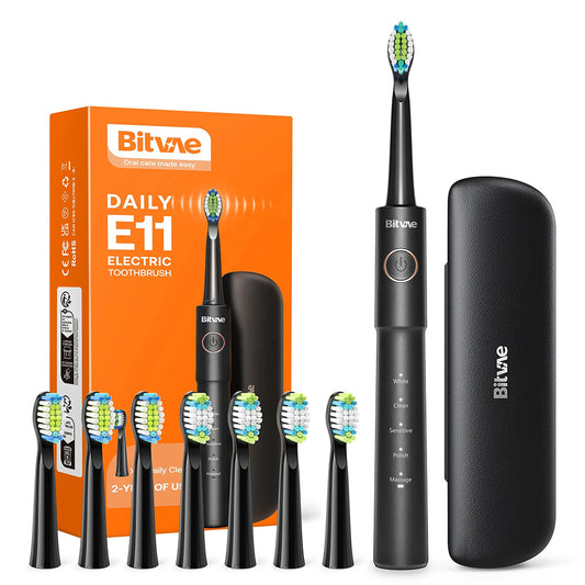 Bitvae E11 ηλεκτρική οδοντόβουρτσα Ultrasonic, με 8 κεφαλές, θήκη ταξιδιού, 5 λειτουργίες, μαύρο